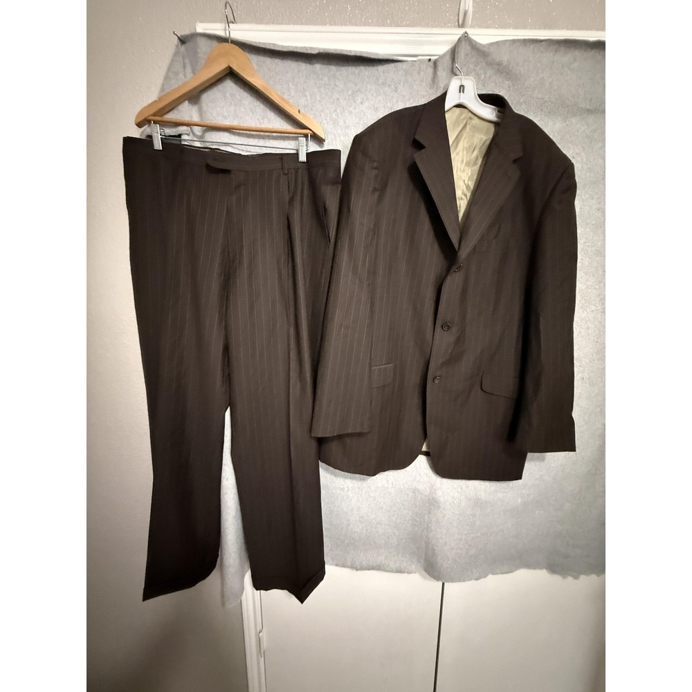 Steve Harvey Suit Mens 48L 42x32 Brown Wool Stripe 2 Piece Jacket Pants Big Tall